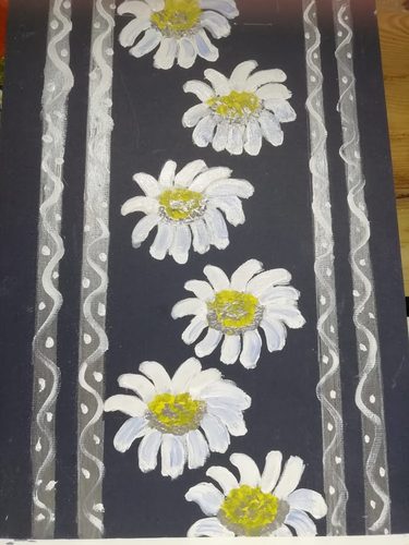 Christine M. Daisies, wallpaper, mixed media.